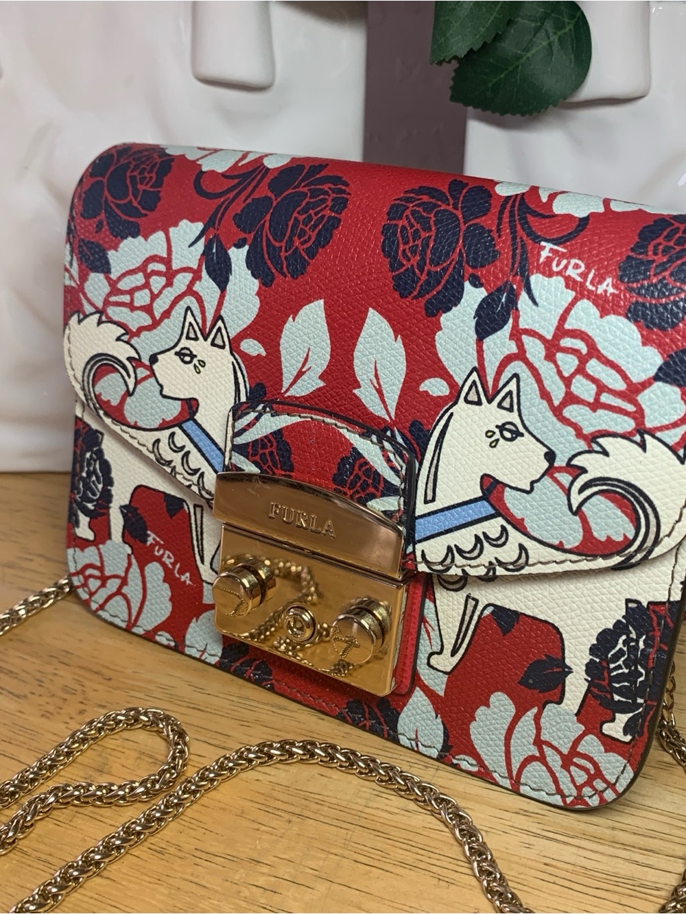 Furla Red Floral and Cream Leather Crossbody with Gold Hardware